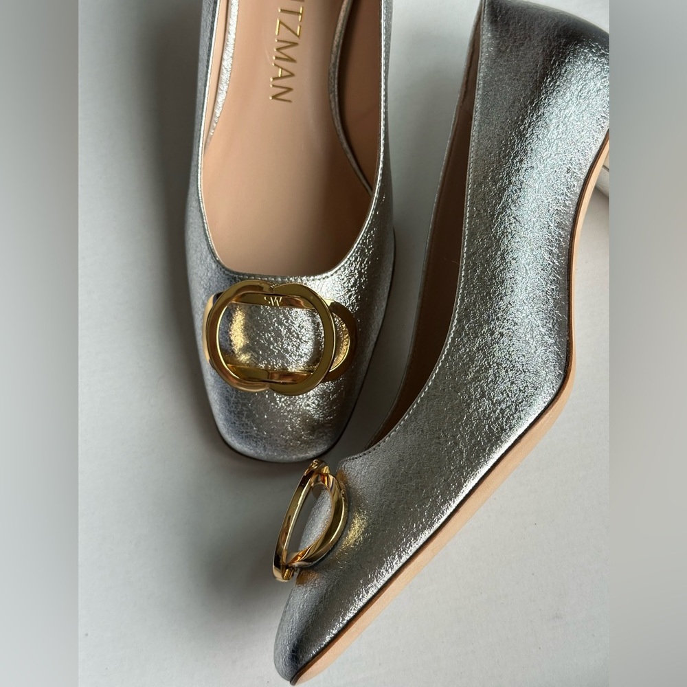 Stuart Weitzman Anicia Metallic Silver Leather Pumps Gold Logo Size 7.5 - Picture 10 of 16